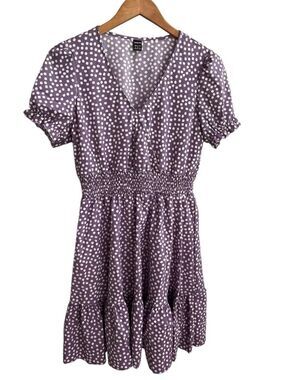 🌴SHEIN Purple Floral Smocked Waist Mini Dress Size Medium Puff Sleeve